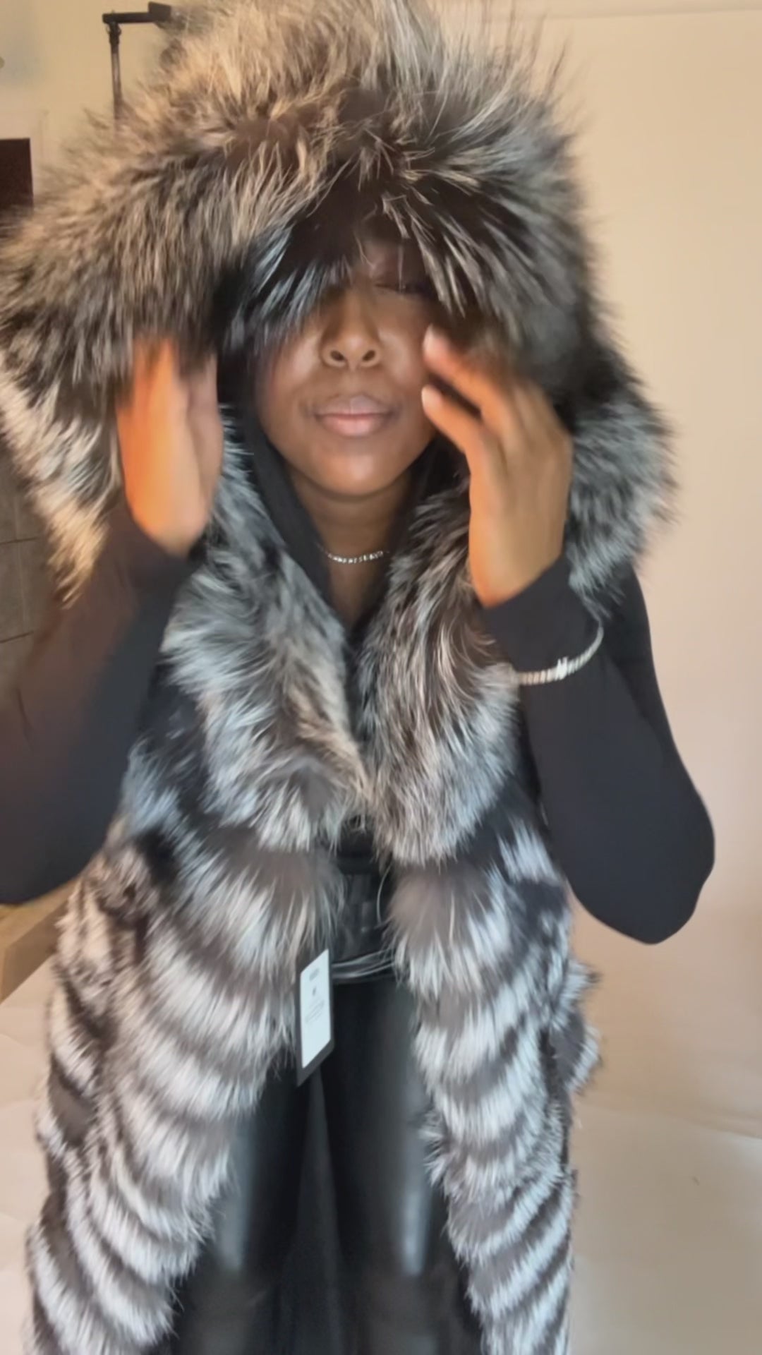 The “Sherise” Silver Fox Full length Vest 2-in-1 with hood and removable bottom