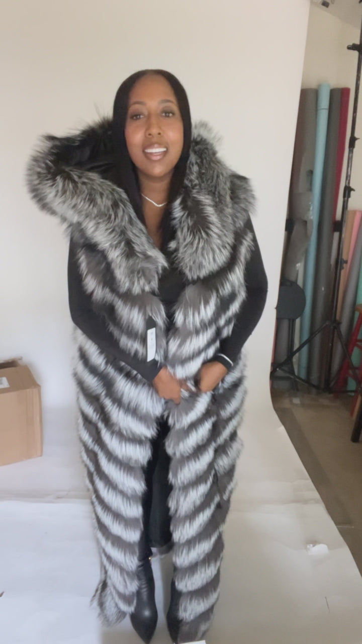 The “Sherise” Silver Fox Full length Vest 2-in-1 with hood and removable bottom