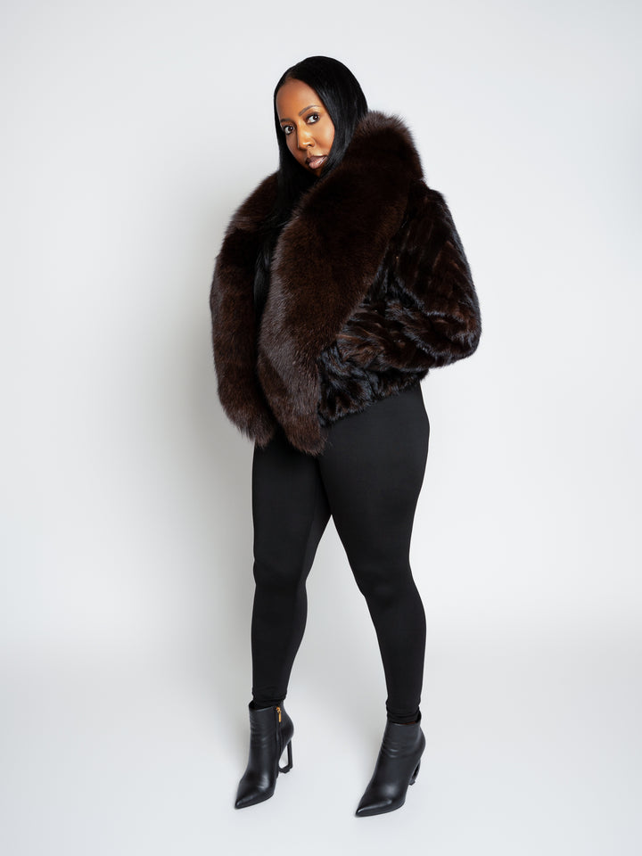 The "Yvonne" Chocolate Brown Mink and Fox Trim Bomber