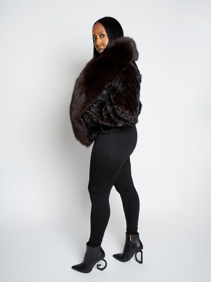 The "Yvonne" Chocolate Brown Mink and Fox Trim Bomber