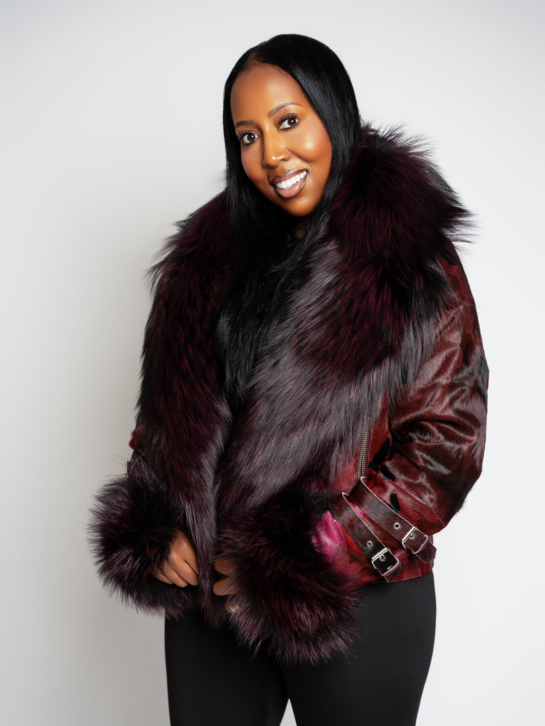 The "Chloe" Wine Cowhide Leather Coat with Fox Trim