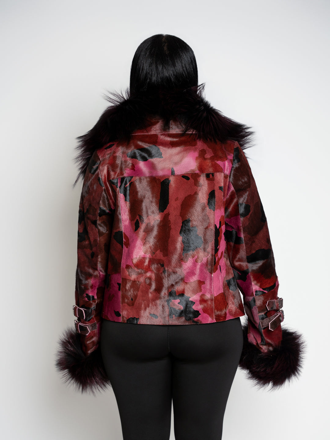 The "Chloe" Wine Cowhide Leather Coat with Fox Trim