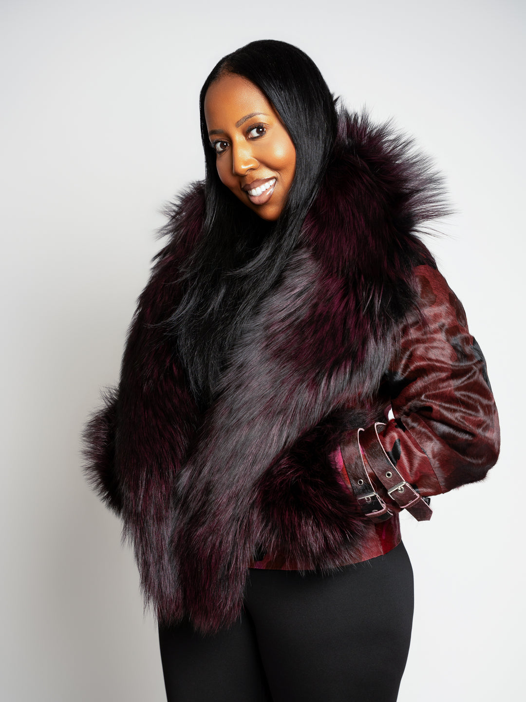 The "Chloe" Wine Cowhide Leather Coat with Fox Trim