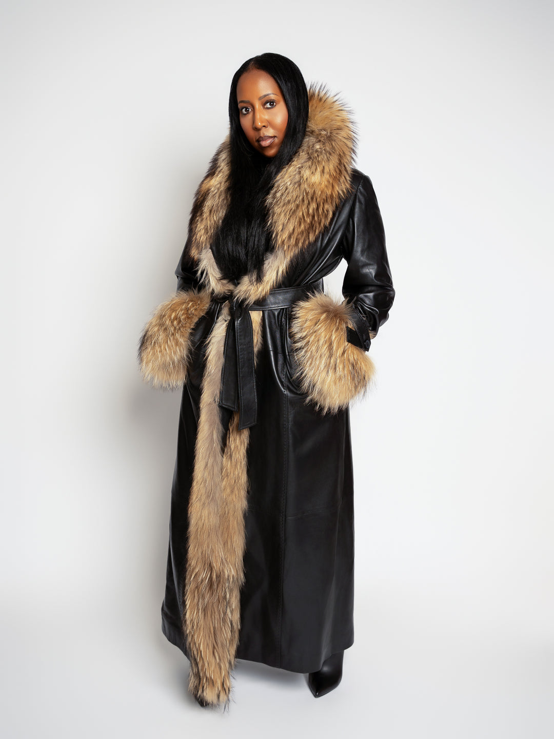 The "Phil" Full Length Lambskin Leather Trench with Raccoon