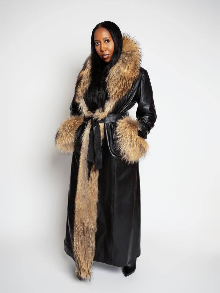 The "Phil" Full Length Lambskin Leather Trench with Raccoon