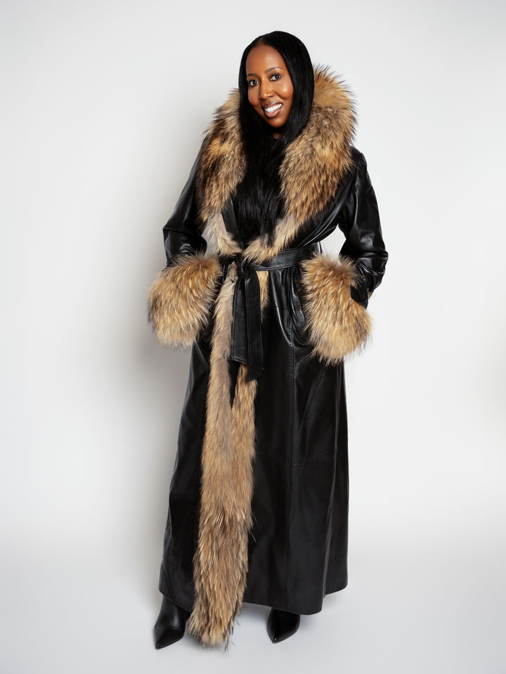 The "Phil" Full Length Lambskin Leather Trench with Raccoon