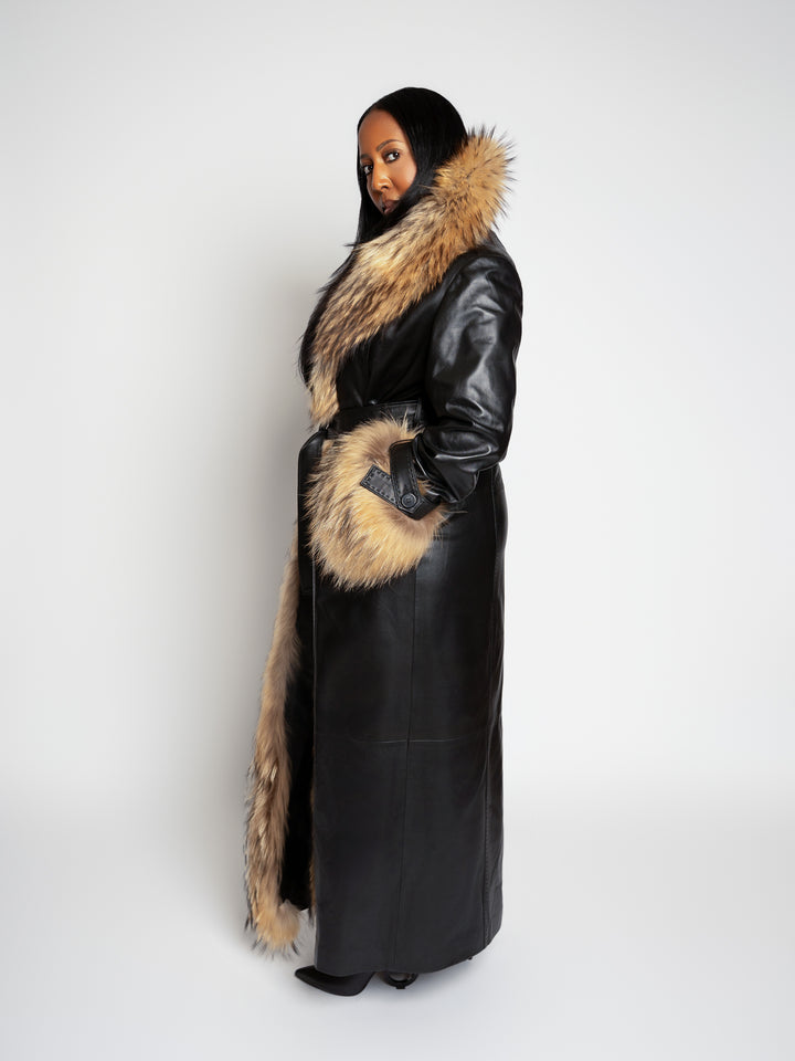 The "Phil" Full Length Lambskin Leather Trench with Raccoon