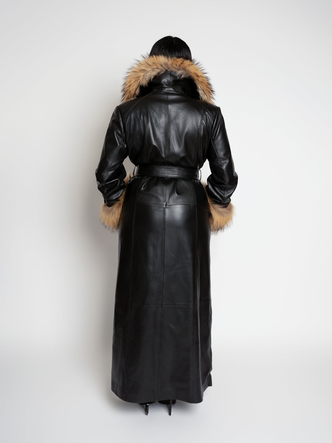 The "Phil" Full Length Lambskin Leather Trench with Raccoon