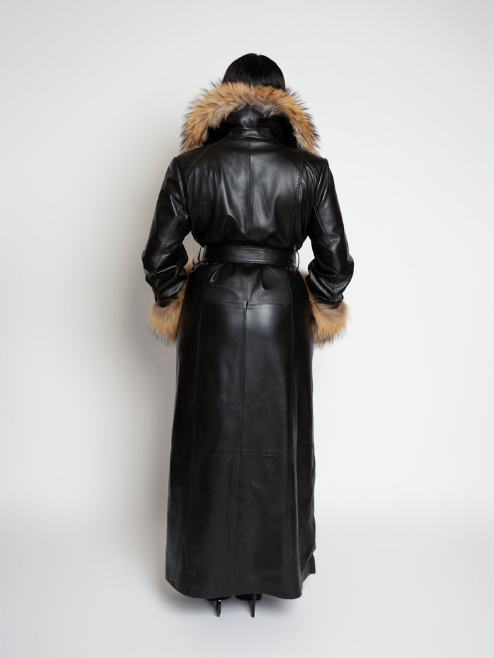 The "Phil" Full Length Lambskin Leather Trench with Raccoon