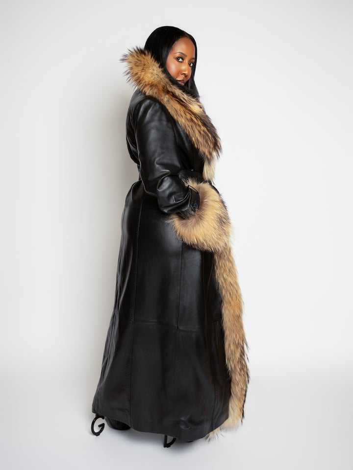 The "Phil" Full Length Lambskin Leather Trench with Raccoon